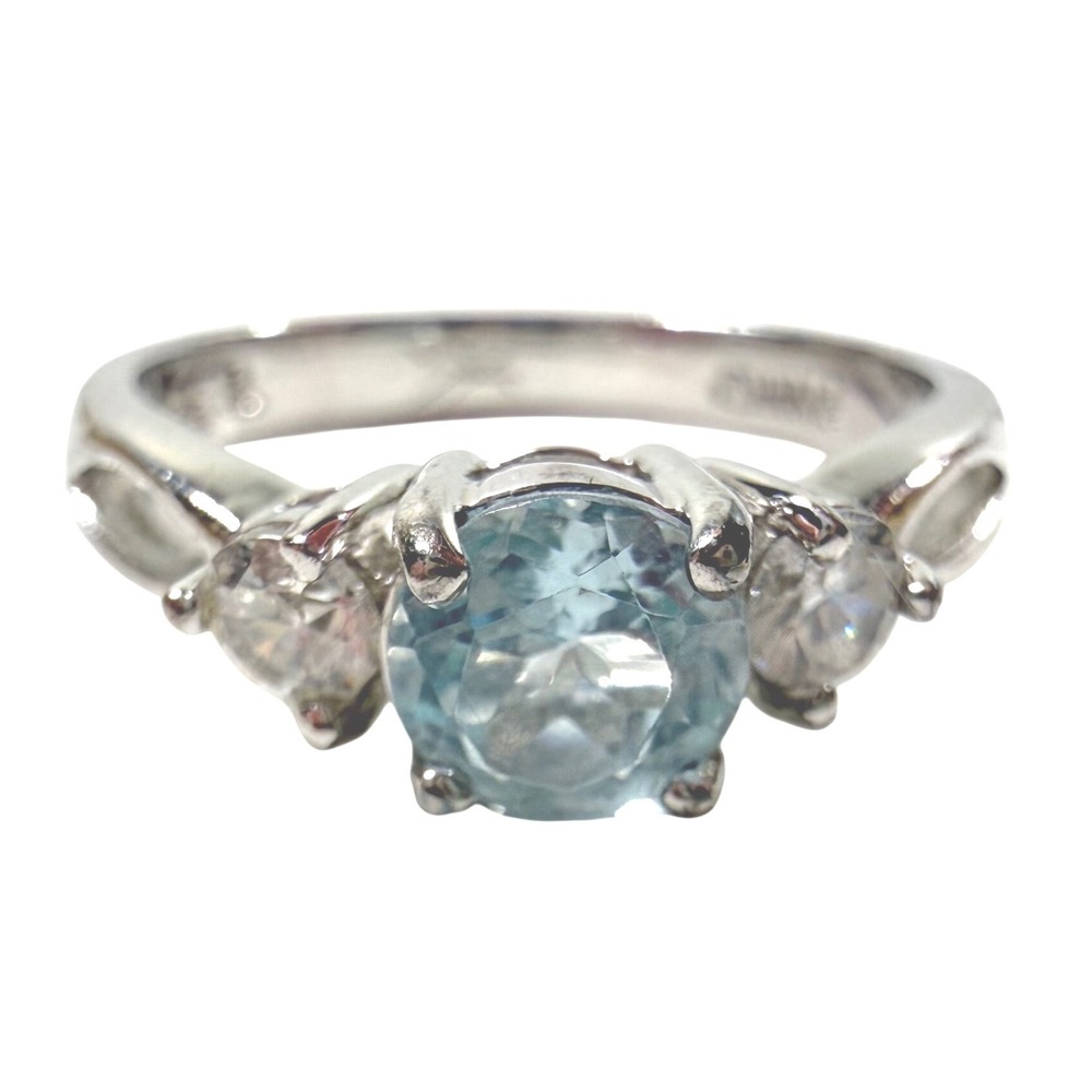 925 Sterling Silver Light Blue Aquamarine Three Stone Ring Size 6 Vintage 1990s